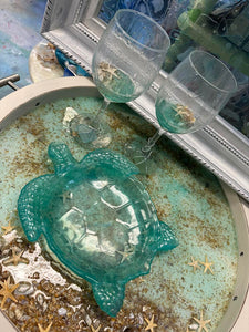Sun April 14 11 am Resin Sea Glass Wine Glasses and Sea Turtle Bowl.