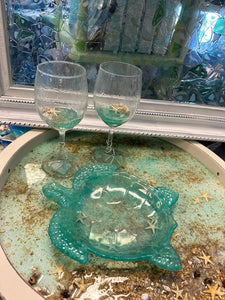Mon FEb 26 11am  Resin Pour Sea Glass Wine Glass and Matching Sea Turtle Bowl