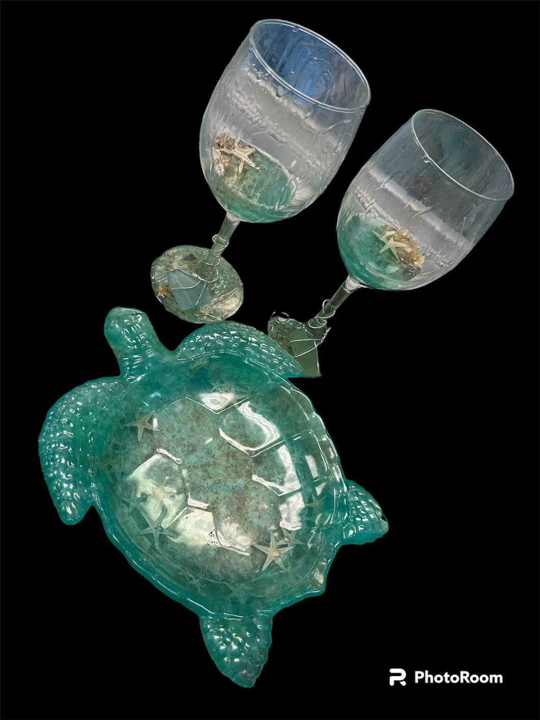 Sat Feb 17 11am Resin Sea Glass Sea Turtle WIne Glass and Serving Bowl